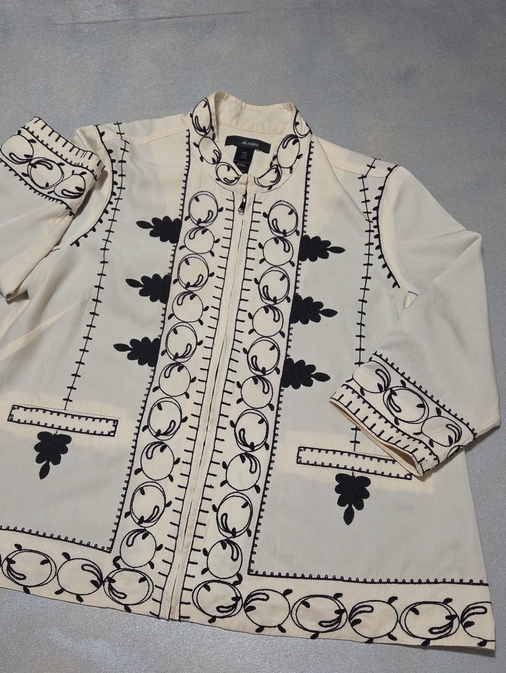 Ali Miles Cream Jacket with Black Embroidered Trim